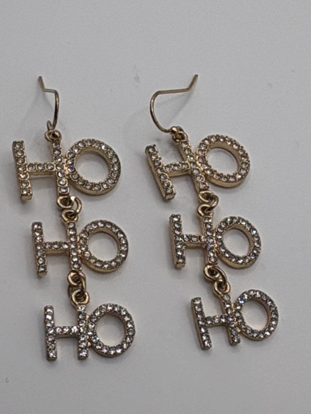 crown & ivy Gold-tone 'HO HO HO' Rhinestone Drop Earrings 2” long - Picture 2 of 4
